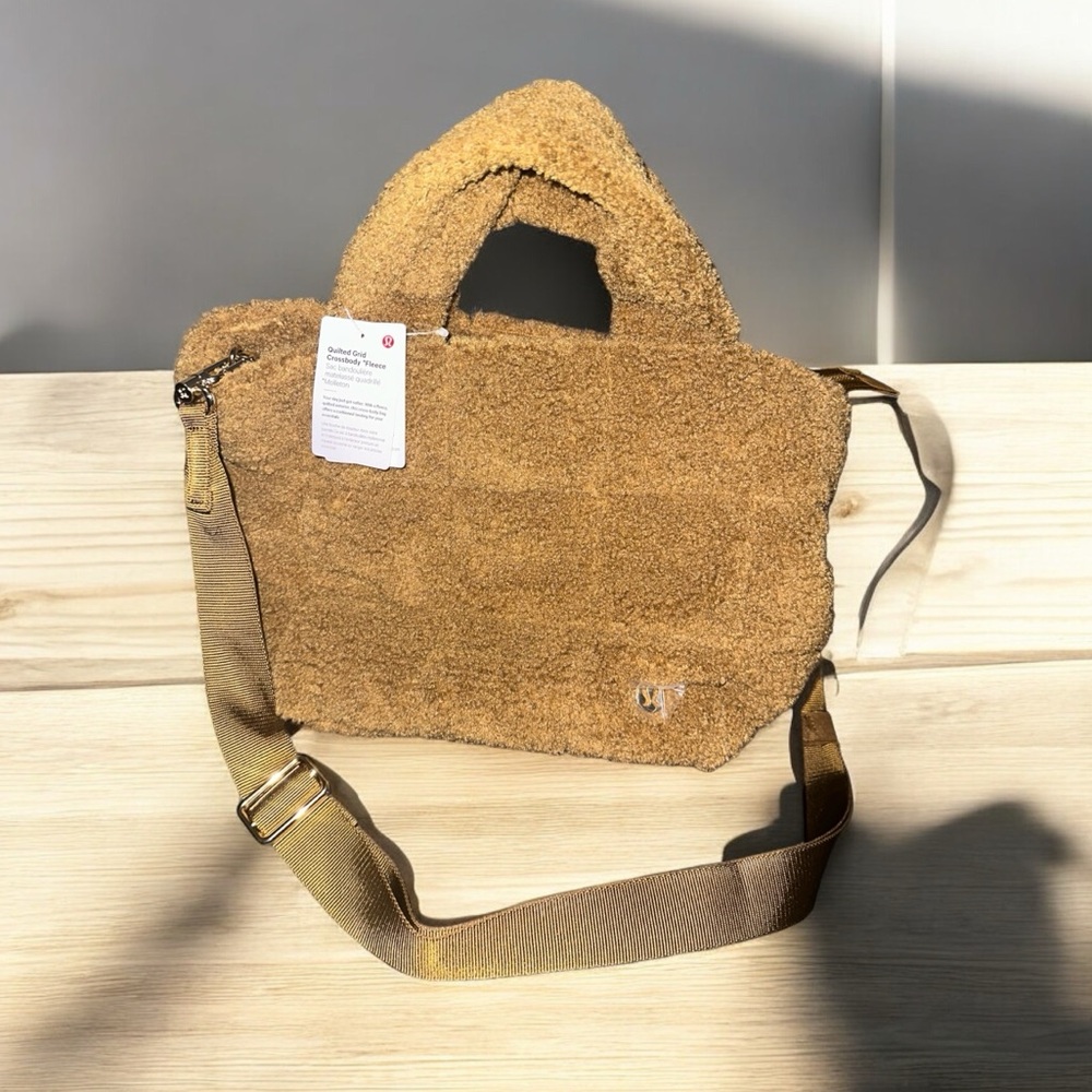 NEW Lulu Lemon Brown/Camel Top Handle And Long Strap Shearling Style Handbag